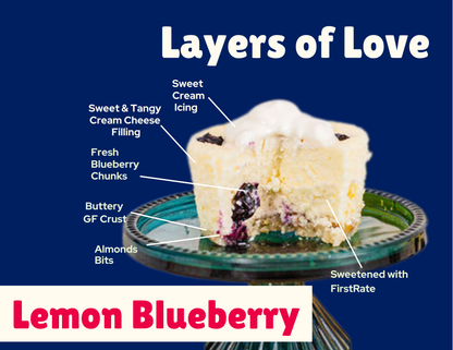 Lemon blueberry cheesecake with real blueberries on almond crust – seasonal, no sugar added, low glycemic